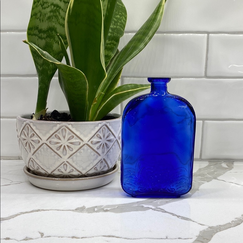 Cobalt blue flat Art Deco style glass cork stopper bottle